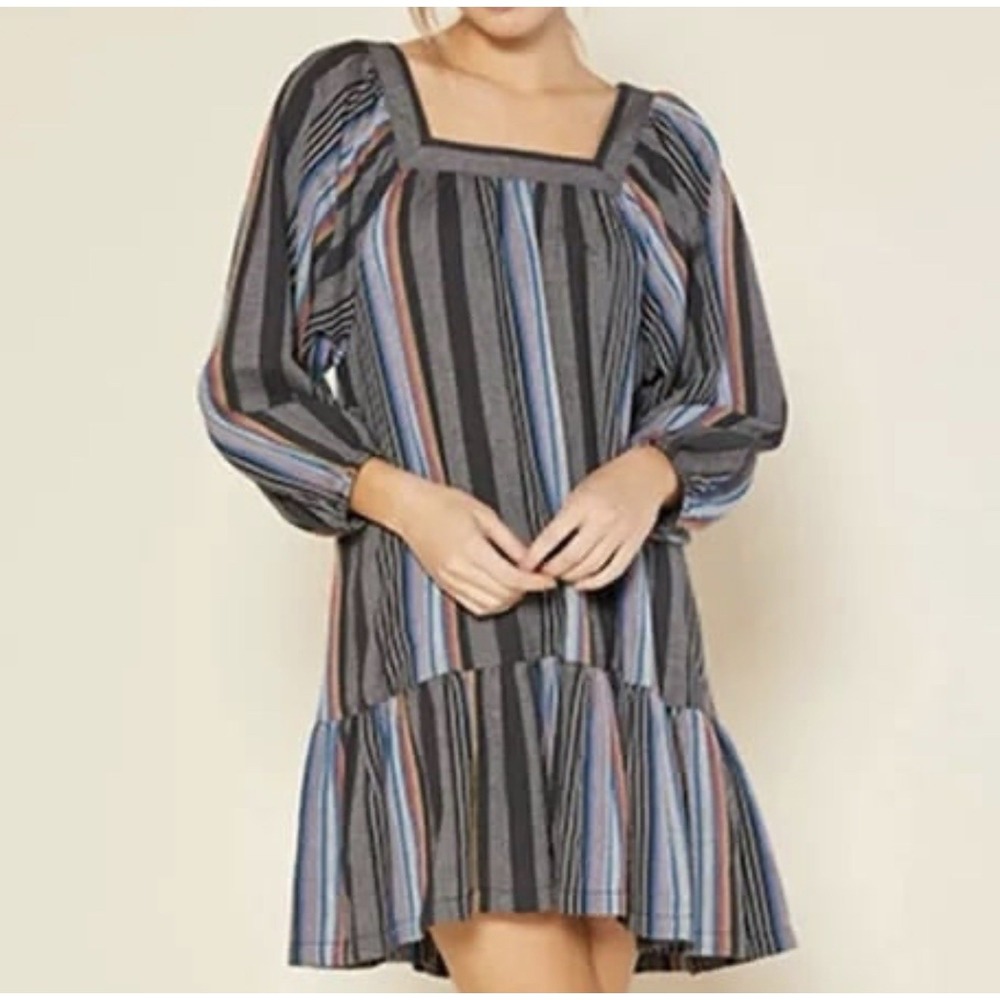 NWT Outerknown Miro Dress Puff Sleeve Ruffle 100% Organic Cotton Stripe SZ SMALL